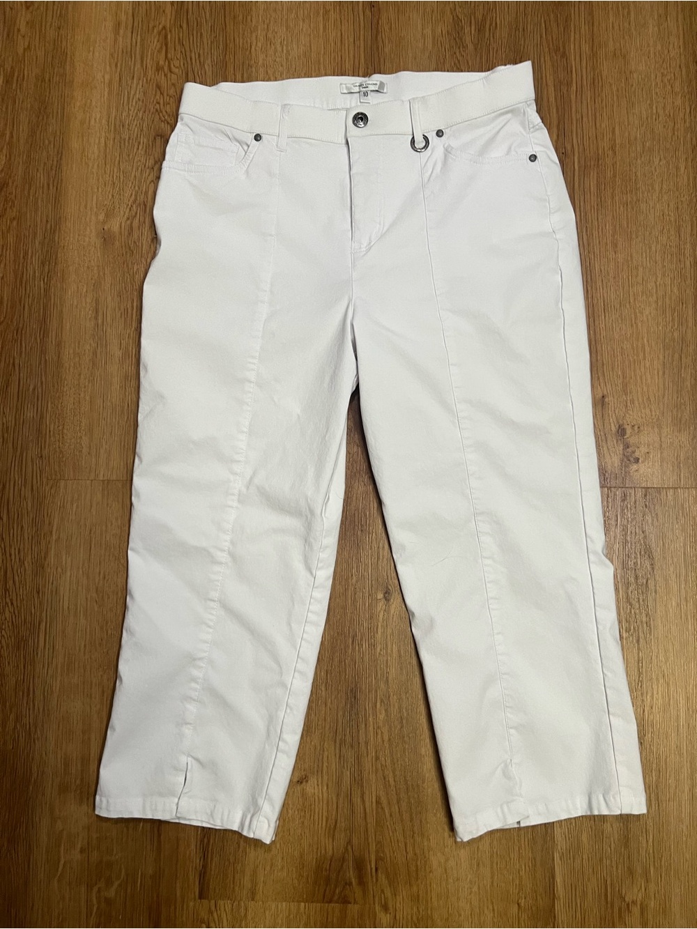 Women’s Simon Chang White Capri Pants Size 10 Stretch High Rise Crop Casual